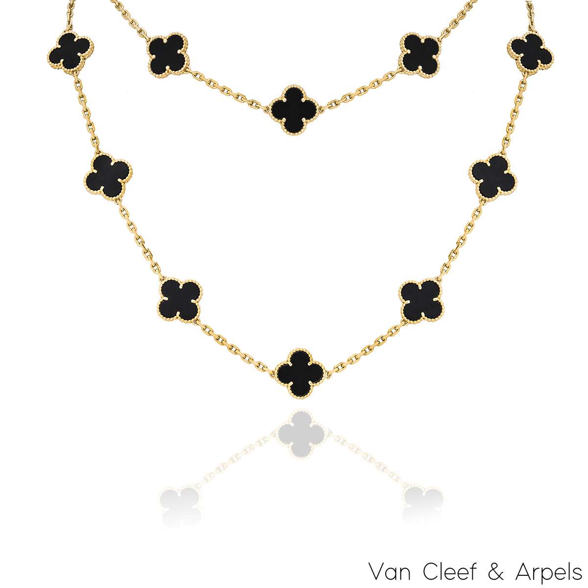 Van Cleef & Arpels Yellow Gold Onyx Vintage Alhambra 20 Motif Necklace VCARA43100